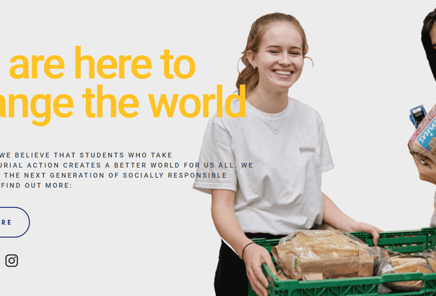 Poster with two girls in white T-shirts looking at loaves of bread in a plastic box