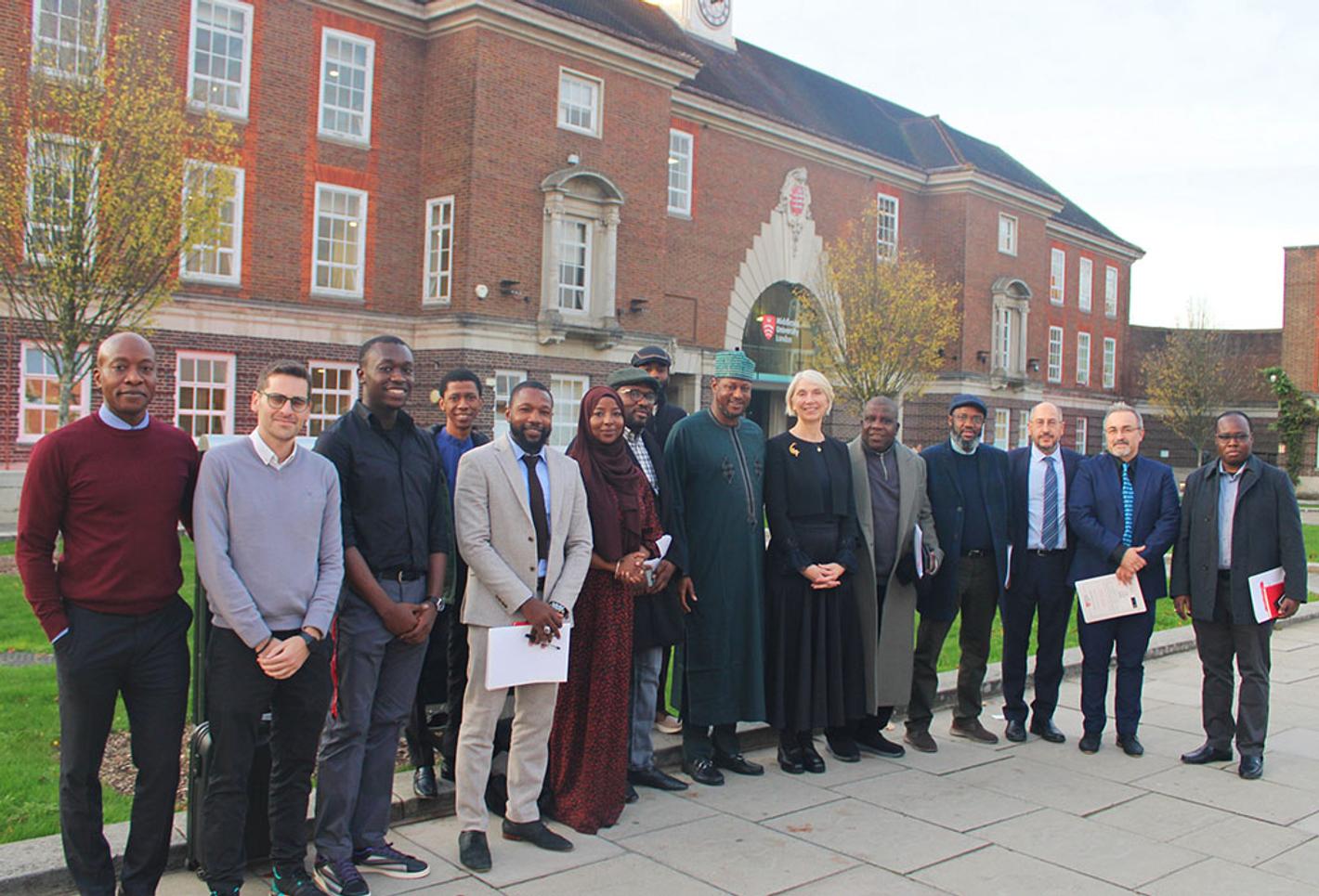 People lined up outside Middlesex University