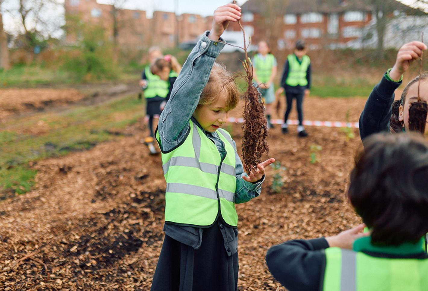 School child plants tree in comunity forest