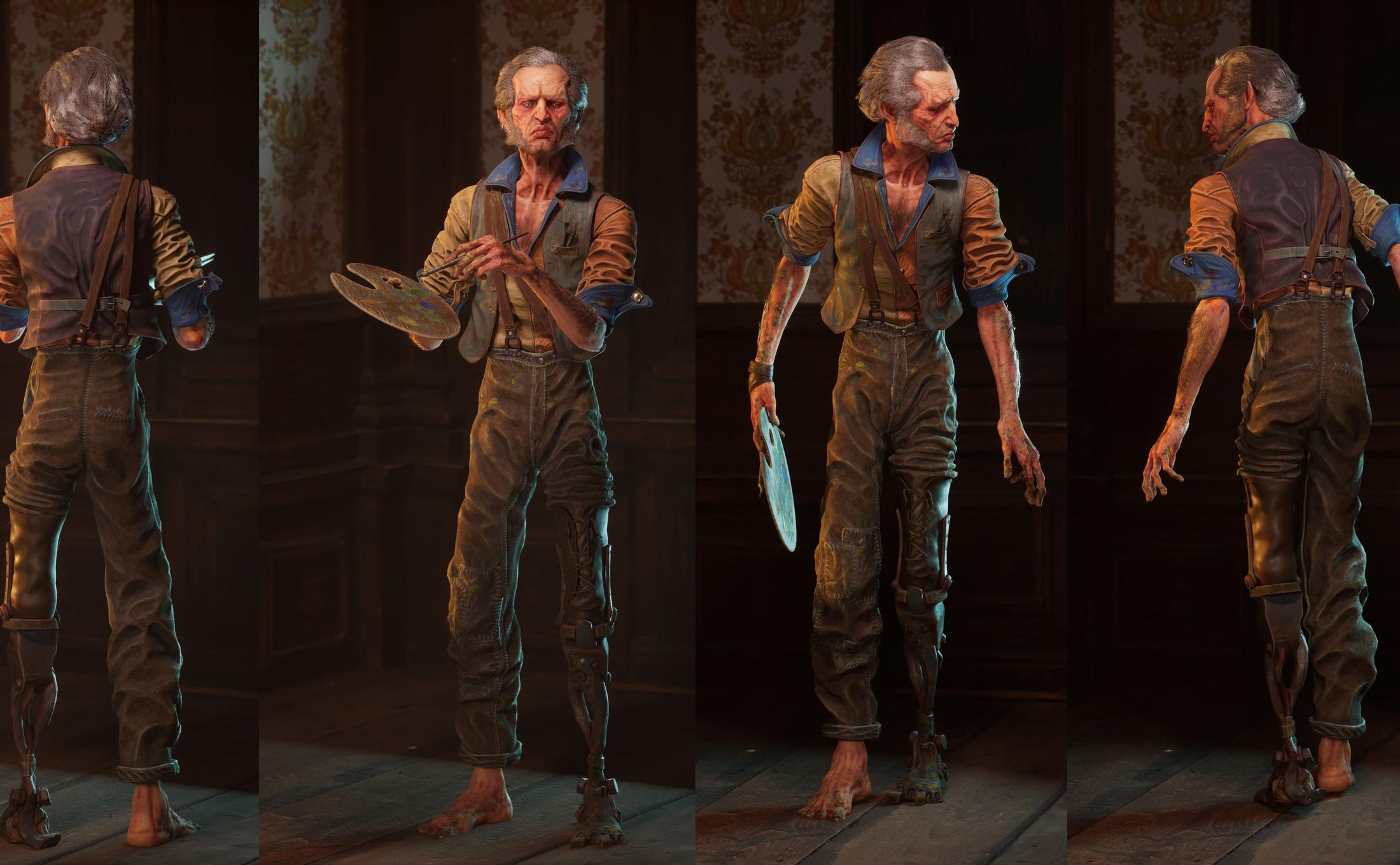 Four images of an older man holding an artists pallet