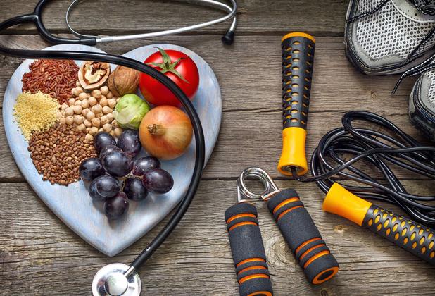 healthy food and gym equipment